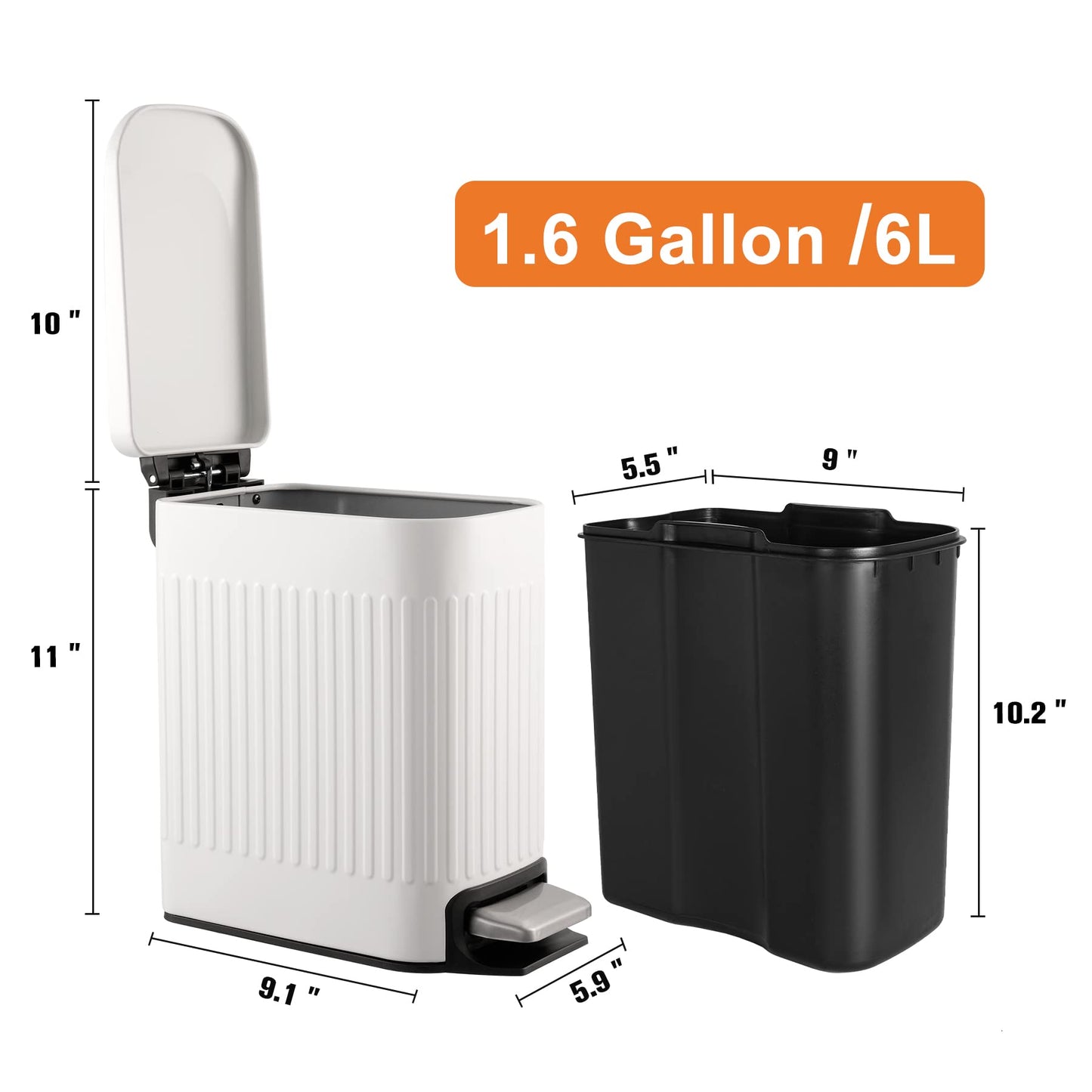 TrashAid Slim Bathroom Trash Can with Lid Soft Close, 6 Liter/1.6 Gallon Stainless Steel Small Garbage Can with Removable Inner Bucket, Step Pedal, Slim Wastebasket for Toilet, Office, Bedroom, White - Available at All In One Marketplace Canada