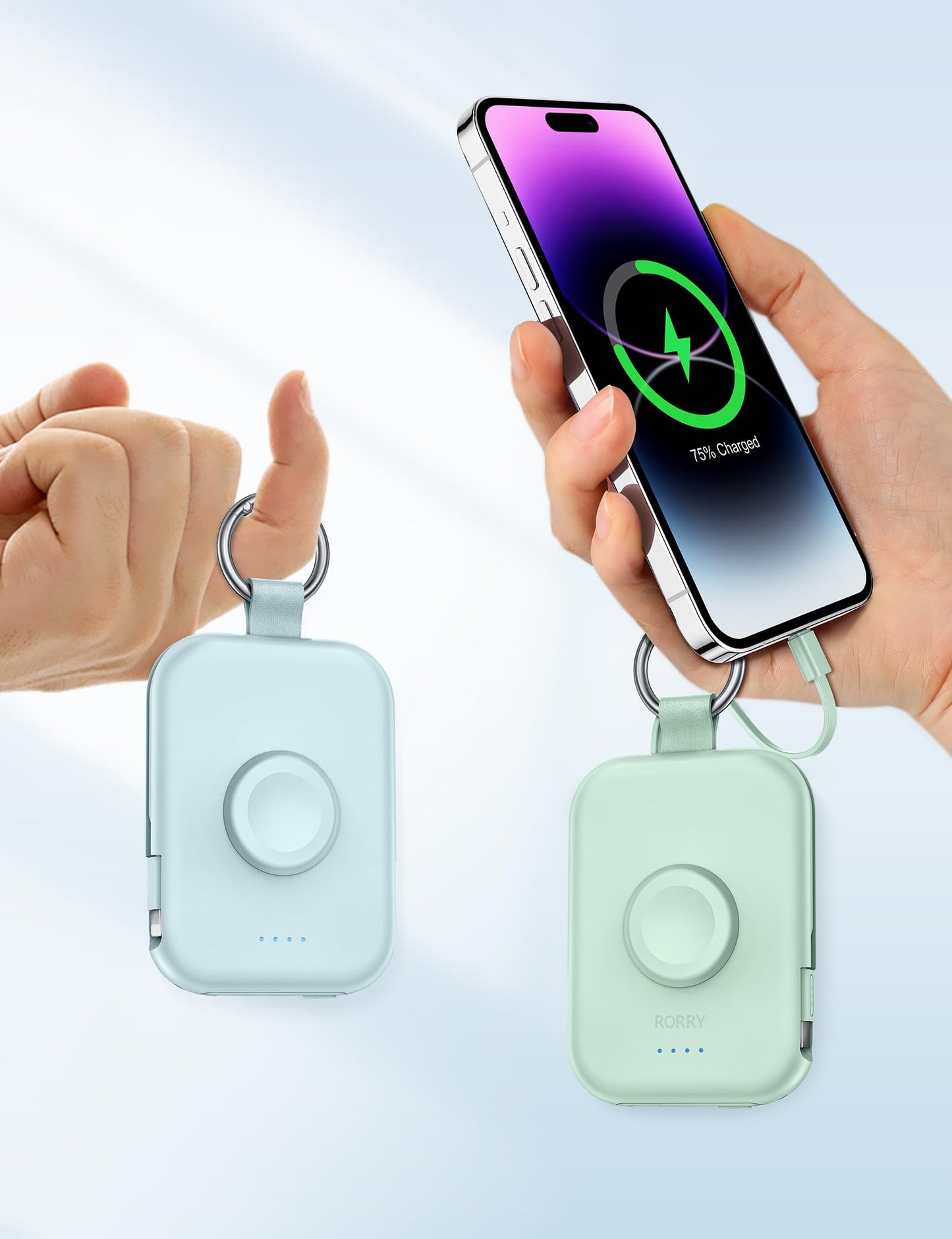 RORRY CharmGo Portable Charger, 5000mAh Portable Charger Power Bank with Built-in Cables, Travel Keychain Battery Pack for Apple Watch Ultra 3/2/10/9/8/Ultra/7/6/SE, iPhone 17/16/15, Blue