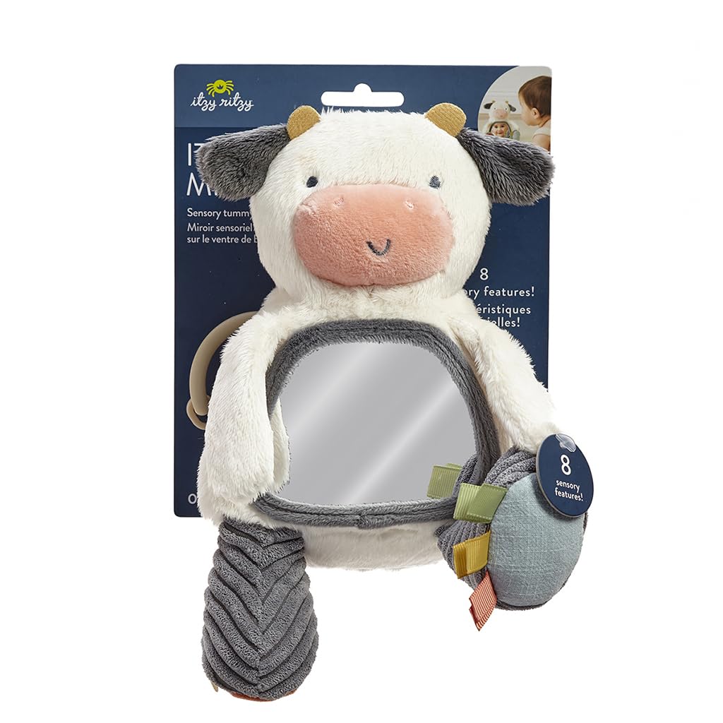 Itzy Ritzy Sensory Tummy Time Toy Mirror - Features Crinkle & Jingle Sounds, Multiple Textures and Mirror for Self-Discovery, Infant Toy For Ages 0 Months and Up, Cow Itzy Ritzy
