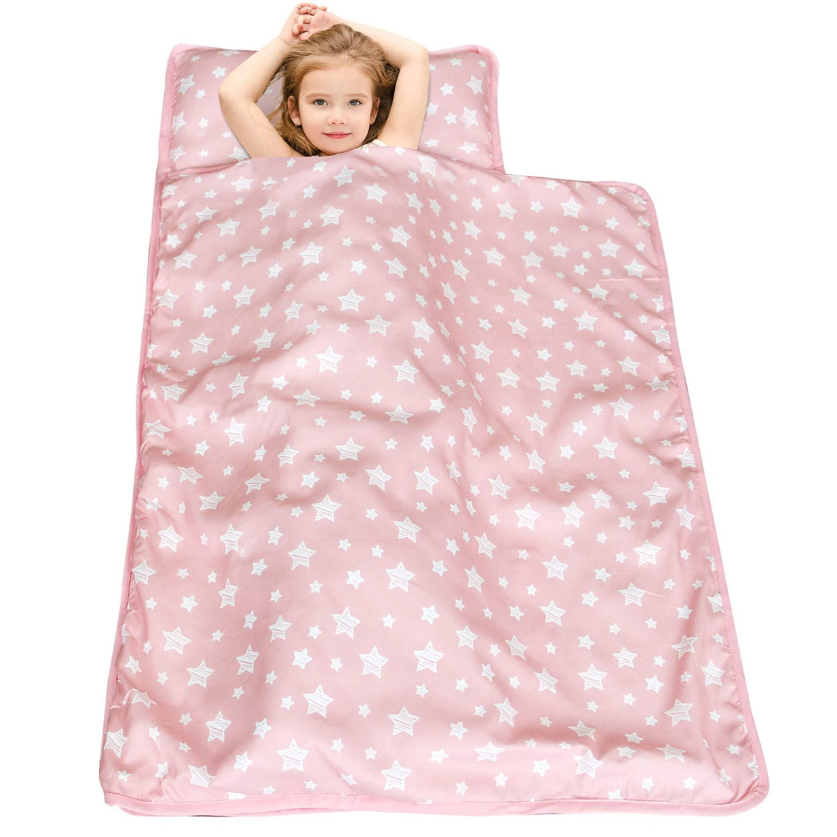 Toddler Nap Mat with Removable Pillow and Fleece Minky Blanket, Winter Sleeping Bag Soft Perfect for Preschool, Daycare, Travel Sleeping Bag Girls/Boys, Designed to Fit on a Standard Cot, Pink Star 🍁 All In One Marketplace Canada