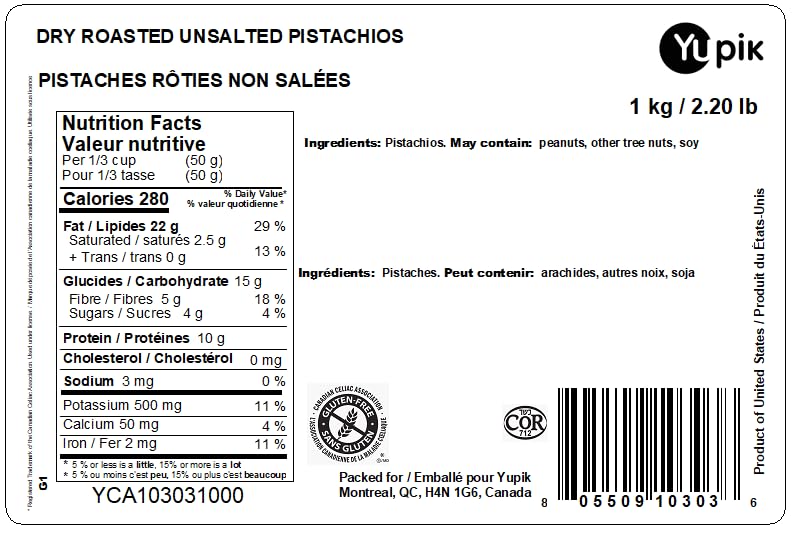 Yupik Roasted Unsalted Pistachios in Shell – 1 kg Bulk Pack, Gluten-Free & Kosher