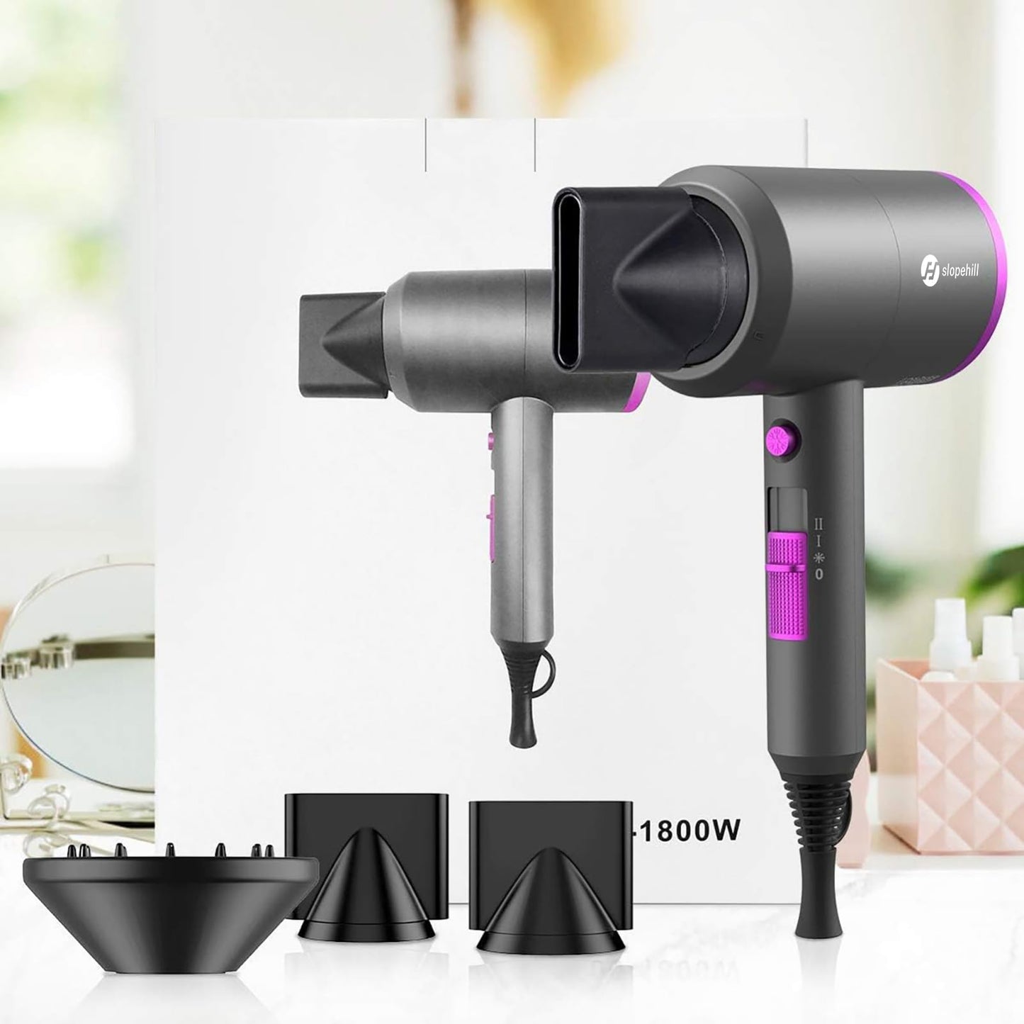 Slopehill Professional Ionic Hair Dryer, Powerful 1800W Fast Drying Low Noise Blow Dryer with 2 Concentrator Nozzle 1 Diffuser Attachments for Home Salon Travel (Grey)