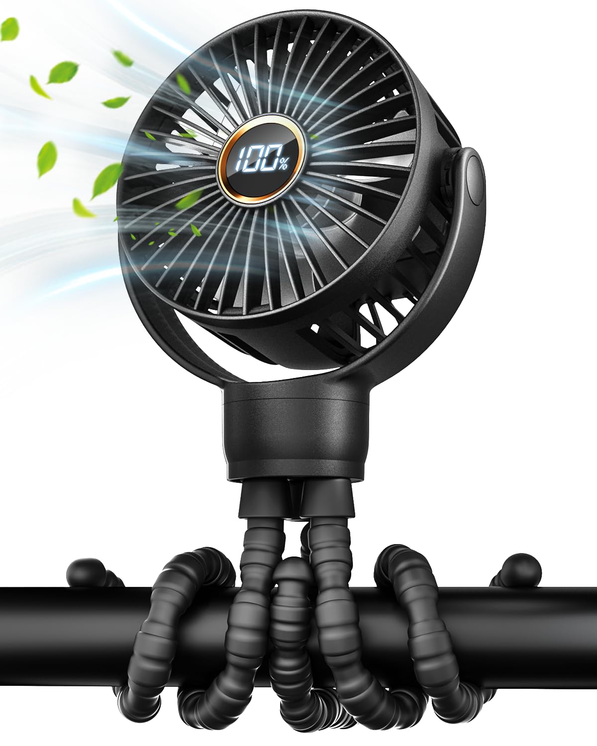 Portable Stroller Fan, Mini Baby Fan Clip on Fan, LED Display, 360° Rotate Flexible Tripod, Rechargeable Small Personal Handheld Fan Cooling Desk Fan for Car Seat Crib Treadmill Travel
