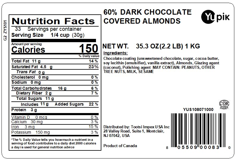 Yupik Dark Chocolate Almonds – 60% Cacao, 1 kg, Kosher Certified, Whole Nuts with Rich Chocolate Coating