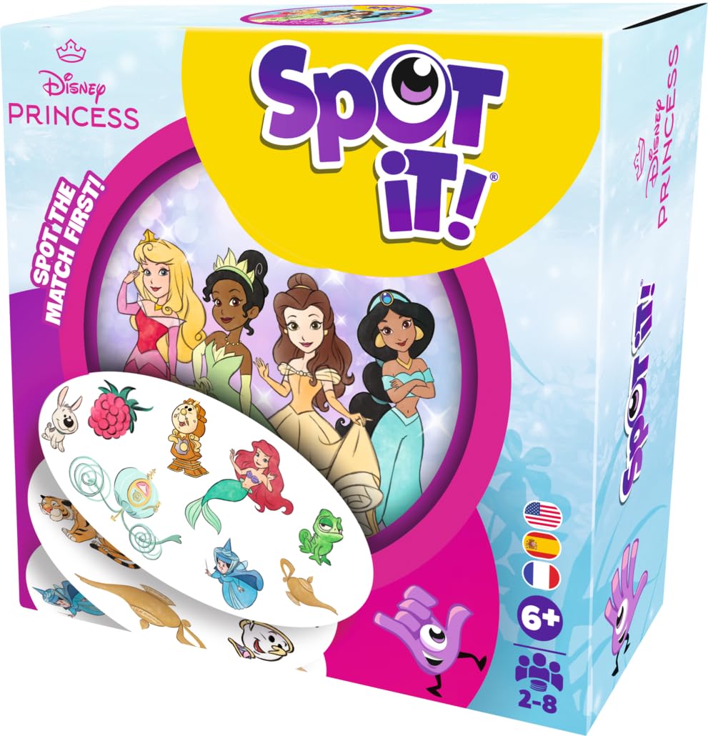 Spot It! - Disney Princess - Box-Eco-Rebrand (Bilingual French/English)-Card Games - Reflex/Family - Observation and Speed Game - Ages 4+ - 2 to 8 Players - Under 15 Minute Playtime - Made by Asmodee Zygomatic