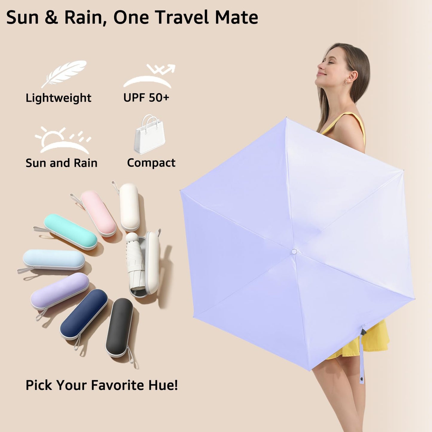 BAODINI Travel Mini Umbrella for Purse With Case-Small Compact UV Umbrella Protection Sun-Lightweight Tiny Pocket Umbrella Sun Blocking for Women, Girls and Men - Available at All In One Marketplace Canada