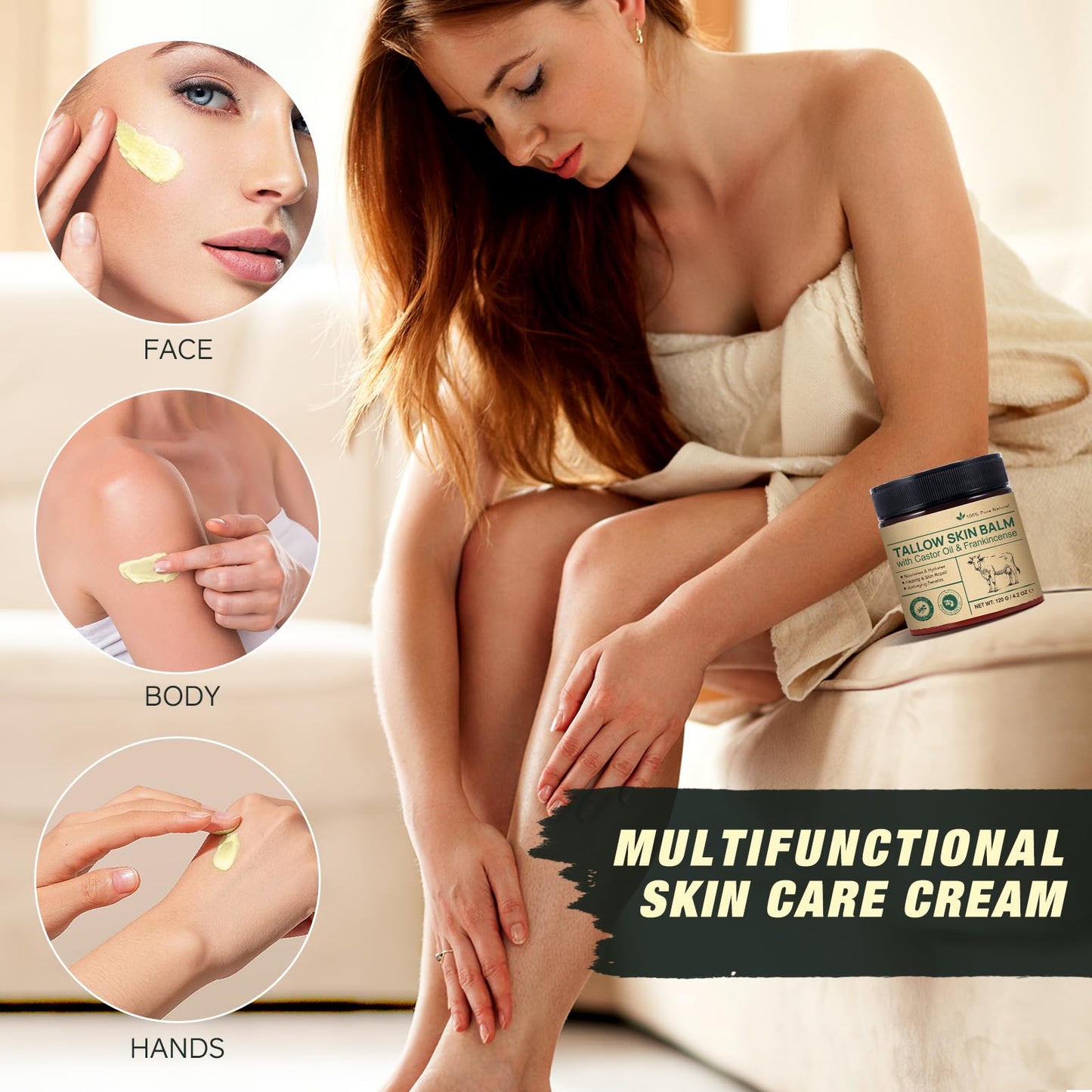 Beef Tallow Skin Care with Castor Oi & Frankincenses, Grass Fed Whipped Tallow Honey Balm for Face & Body, Natural Moisturizer Hydrates, Deeply Nourishes, Enhances Natural Radiance 120g - Available at All In One Marketplace Canada