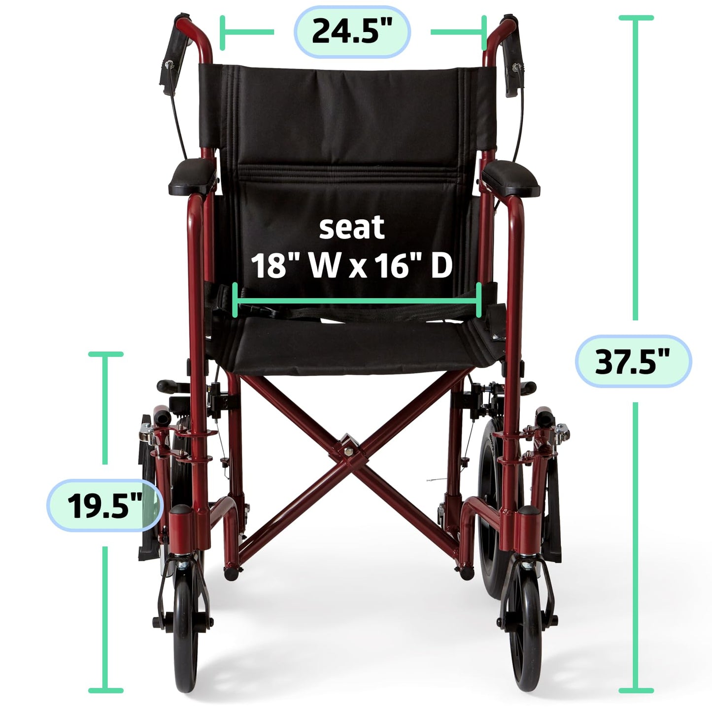 Medline Lightweight Transport Wheelchair with Handbrakes, Folding Transport Chair for Adults has 12 inch Wheels, Red Medline