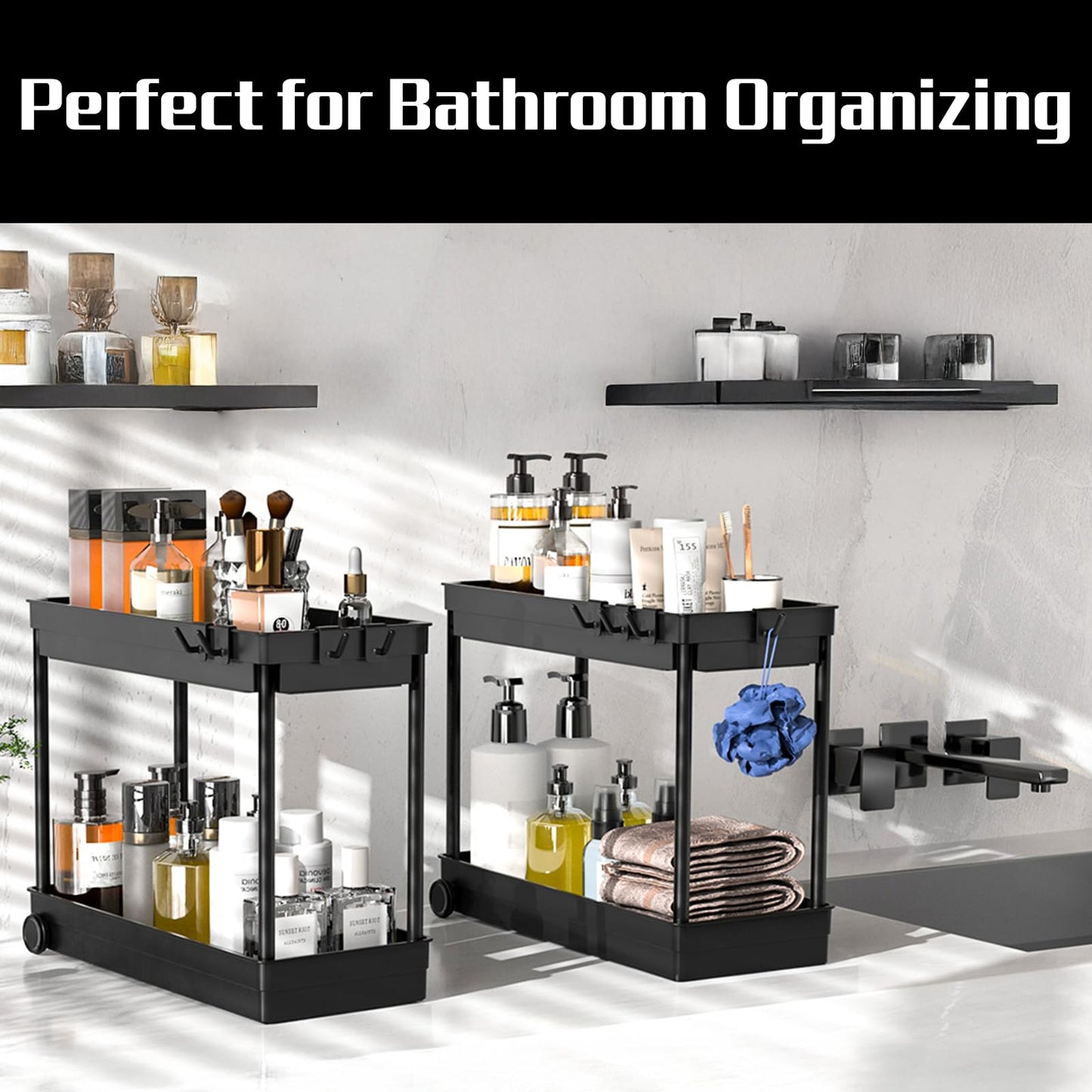 Cicilyna 2 Pack Under Sink Organizer, 2 Tier Bathroom Cabinet Organizers and Storage with Hook, Multi-purpose Storage Basket Shelf for Kitchen, Black - Available at All In One Marketplace Canada