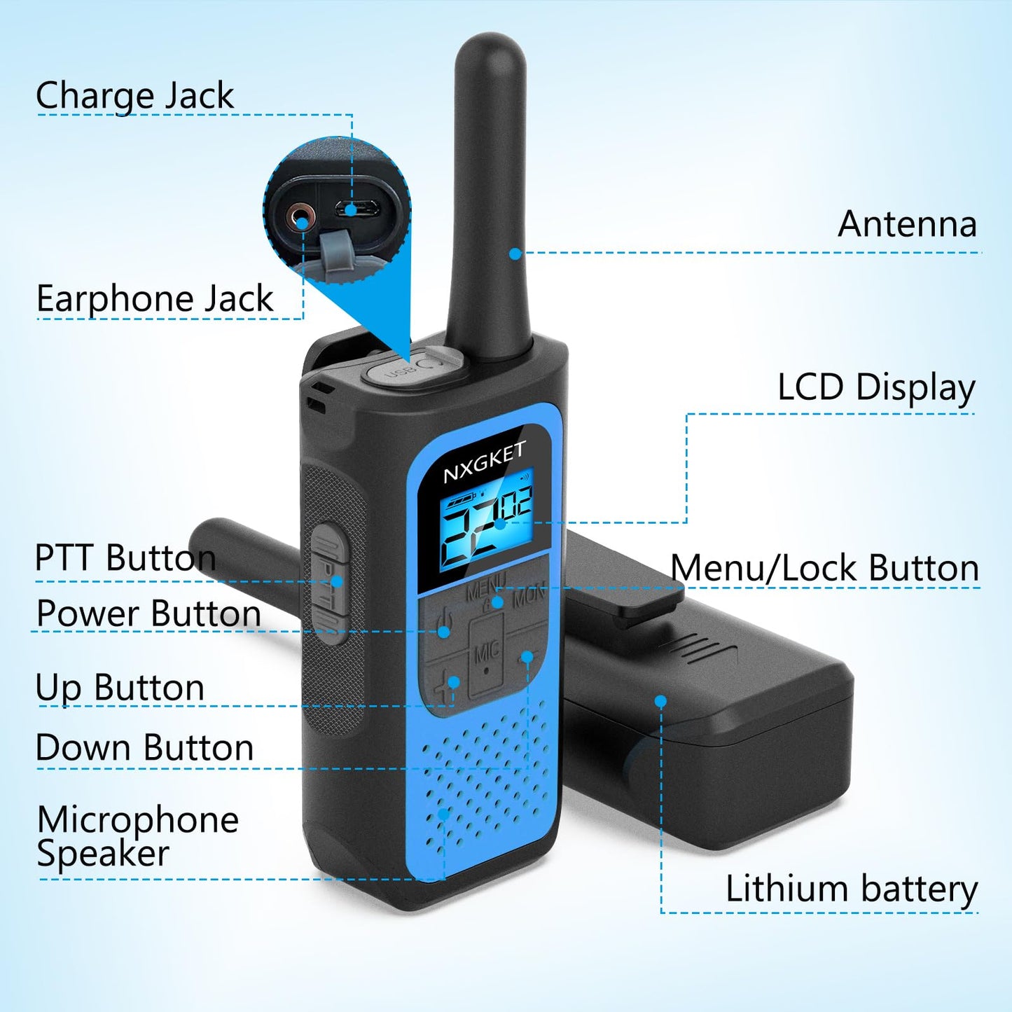 NXGKET Walkie Talkies for Kids Adults, Rechargeable Long Range Walky Talky 2 Way Radios 22 Channels with Li-ion Battery USB-C Cable for Family Toys Gift Camping Hiking 2 Pack