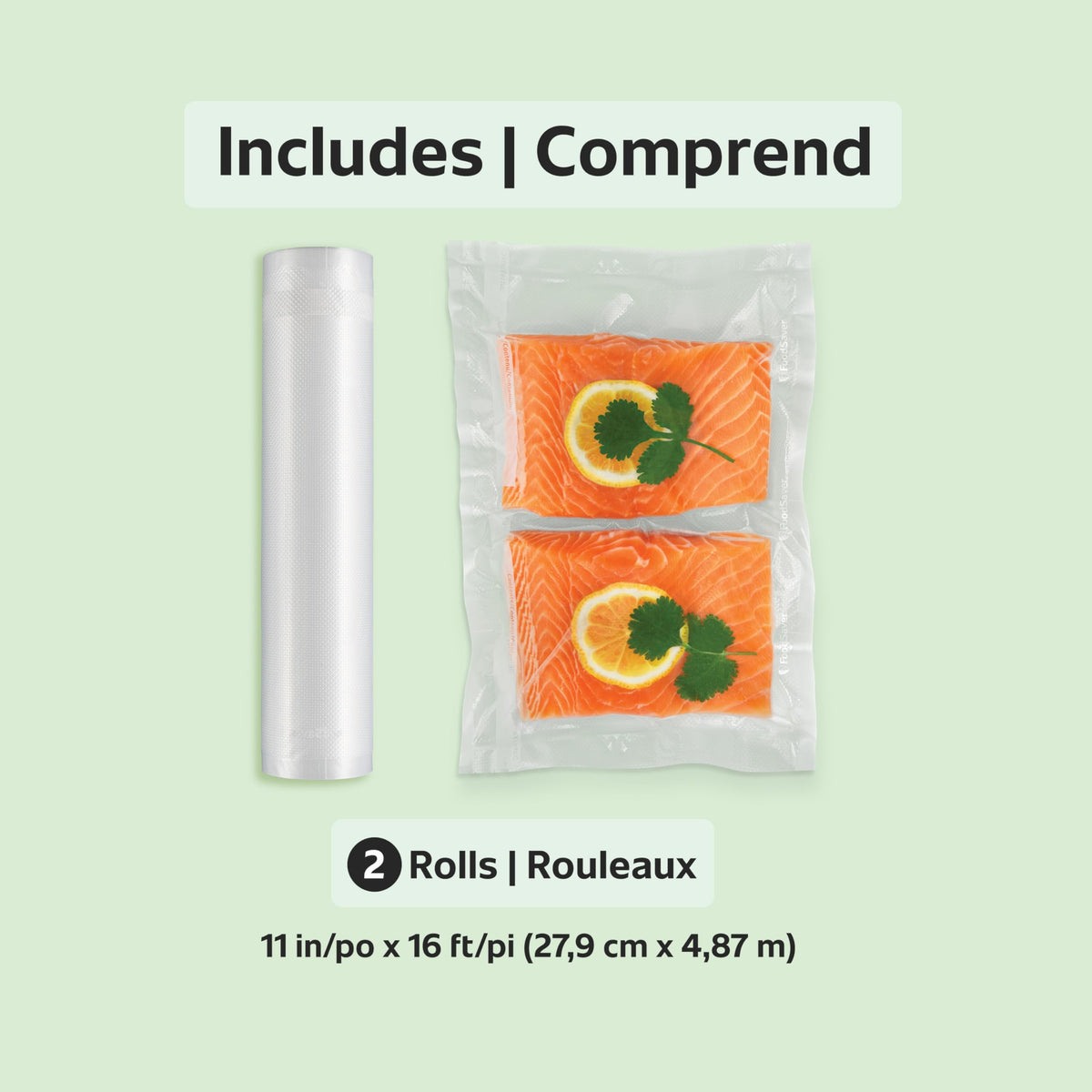 FoodSaver Vacuum Seal Rolls for Custom Fit Airtight Food Storage and Sous Vide, 11" x 16' (27.9cm x 4.87m), 2 Rolls