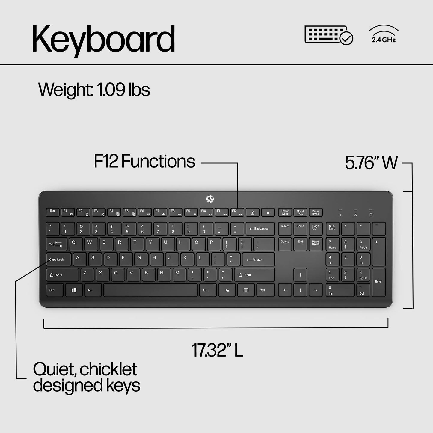 HP 230 Wireless Keyboard - 2.4GHz Bluetooth Connection - Low-Profile, Quiet Design - Windows & Mac OS - Laptop, PC Compatible - Shortcut Keys & Number Pad - Long Battery Life