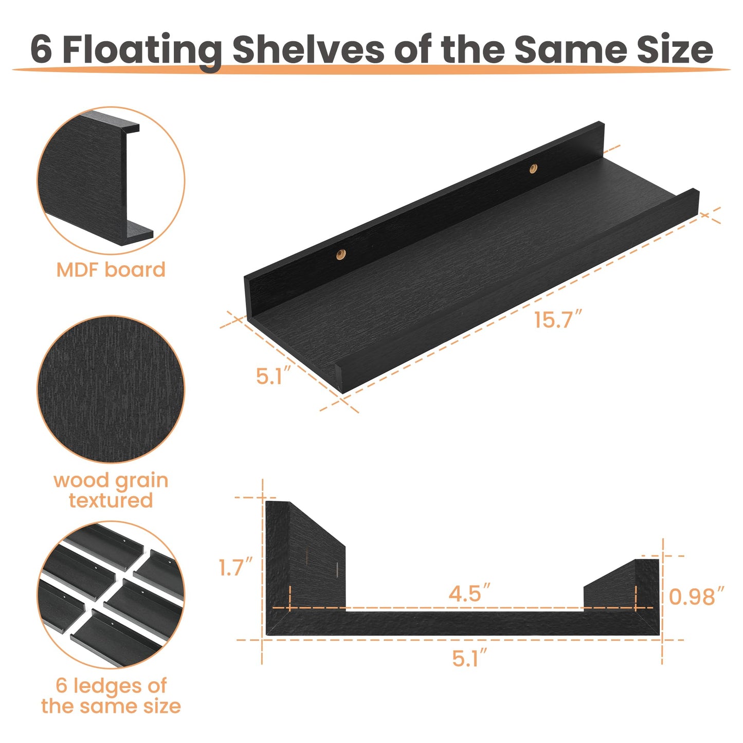 upsimples Floating Shelves for Wall, Decor Storage Set of 6, Wall Mounted Wood Shelves for Bedroom, Living Room, Bathroom, Kitchen, Picture Ledge Shelves, Black
