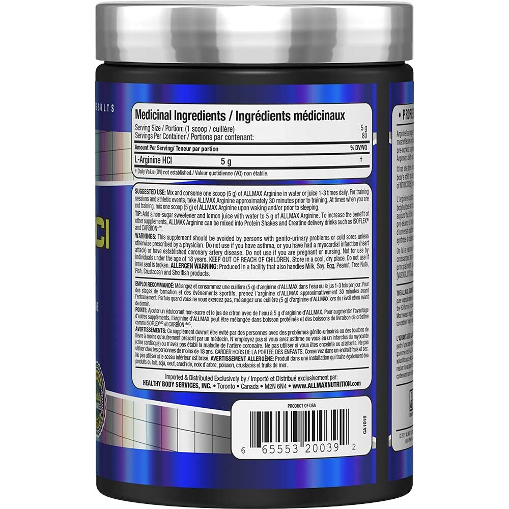 ALLMAX Arginine HCL Powder, Unflavored, 400 g, 200 Servings