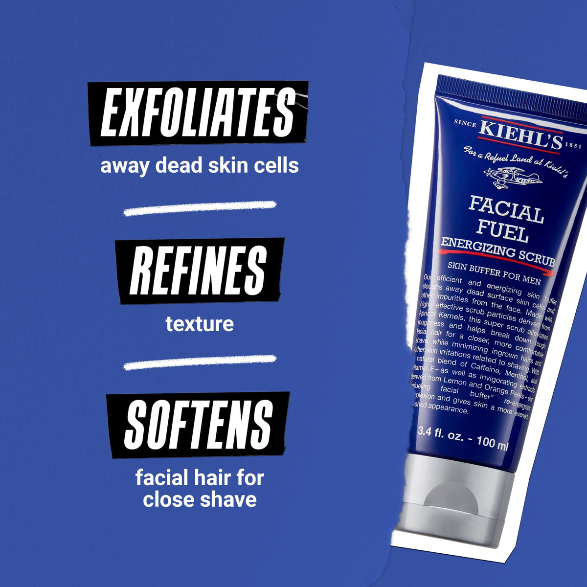 Kiehl's Facial Fuel Exfoliating Face Scrub, Facial Cleanser for Men, Smooths Skin & Removes Dead Skin, Dirt & Oil, Helps Soften Tough Facial Hair, with Caffeine, Menthol, Vitamin E - 100 ml