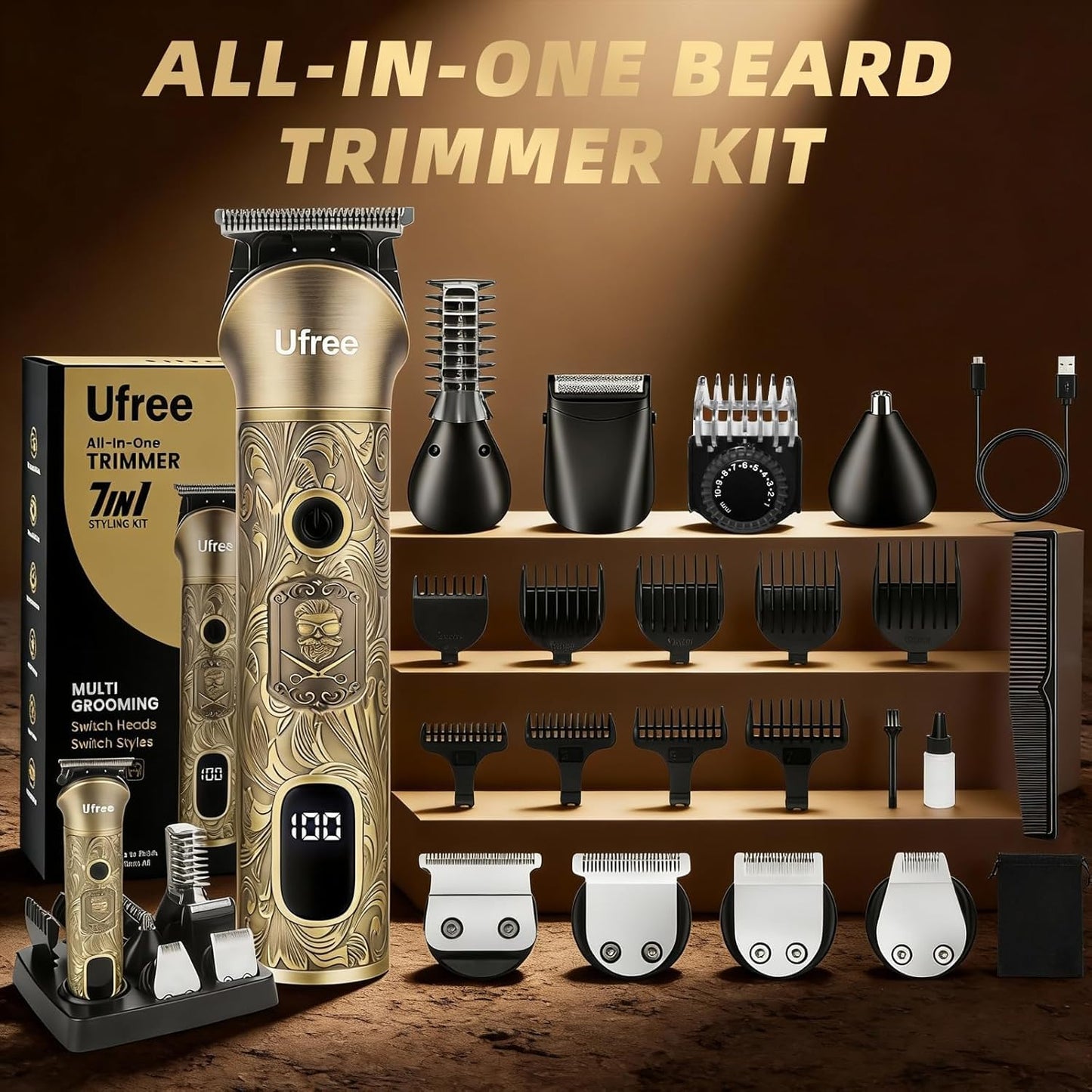 Ufree Beard Trimmer for Men, Electric Razor Shaver, Cordless Hair Clipper Shaving Kit for Mustache Body Nose Ear Hair Facial, Adjustable Beard Grooming Kit Birthday Gifts for Men - Available at All In One Marketplace Canada