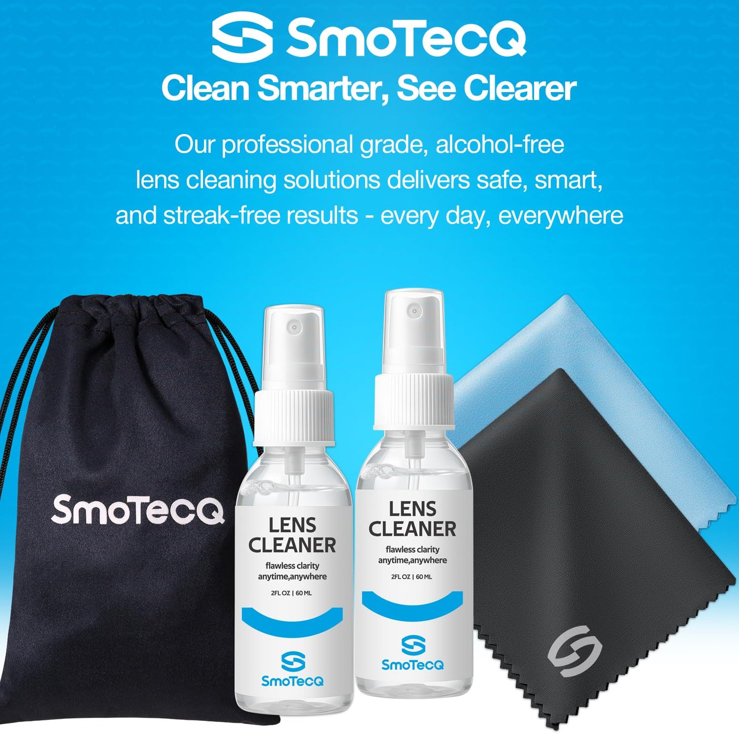 SmoTecQ Glasses Cleaner Kit – Alcohol-Free, Plant-Based Spray + Ultra-Soft Microfiber Cloths for Eyeglasses, Screens & Cameras – 2 x 2oz Spray Bottles + 2 Cloths + Travel Pouch Set - Available at All In One Marketplace Canada