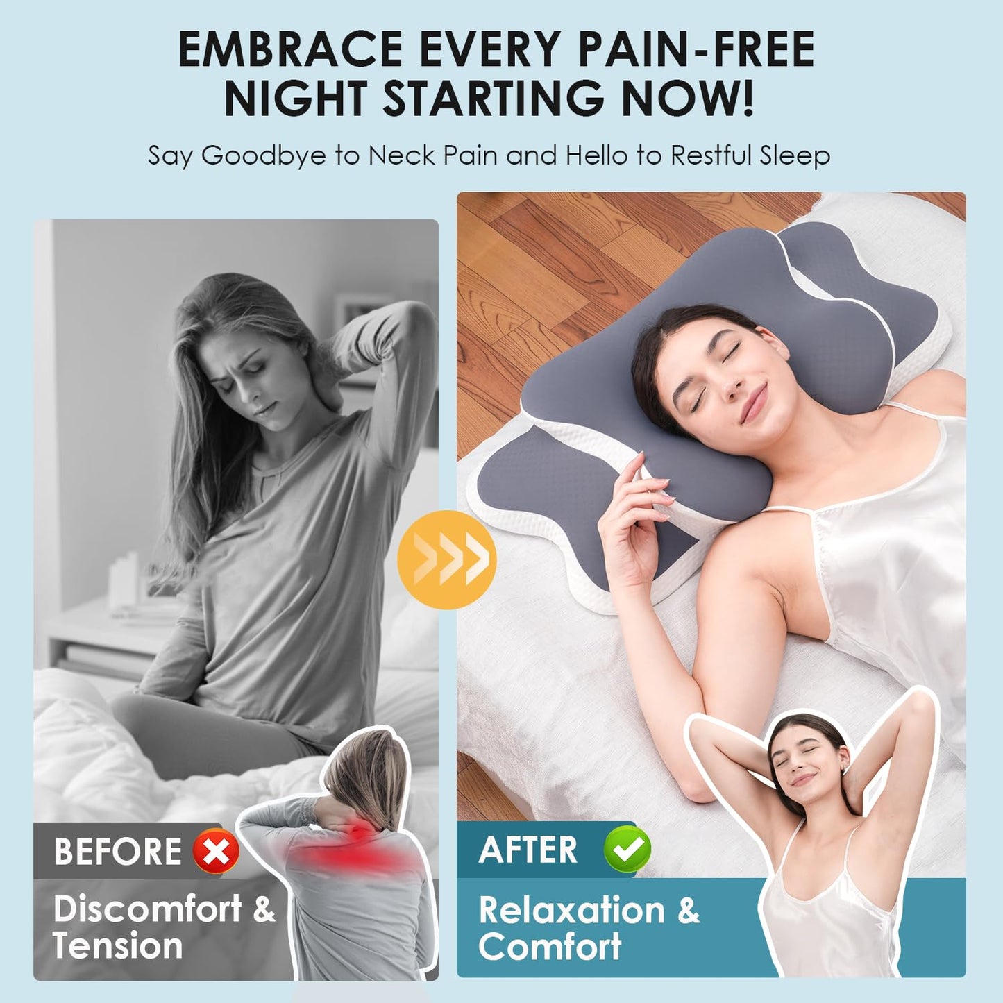 Delyoly Cervical Neck Pillow for Sleeping - Memory Foam Contour Pillow for Neck Pain Relief, Ergonomic Support for Side and Back Sleepers, Orthopedic Pillow with Breathable Ice Silk Cover(Gray)
