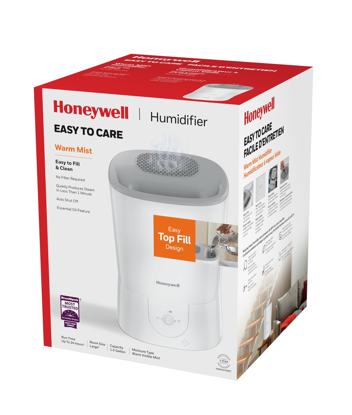 Honeywell HWM440WC Top Fill Easy to Care Warm Mist Humidifier, White, with Essential Oil Cup, Auto Shut-off, Warm Visible Mist, Large Room