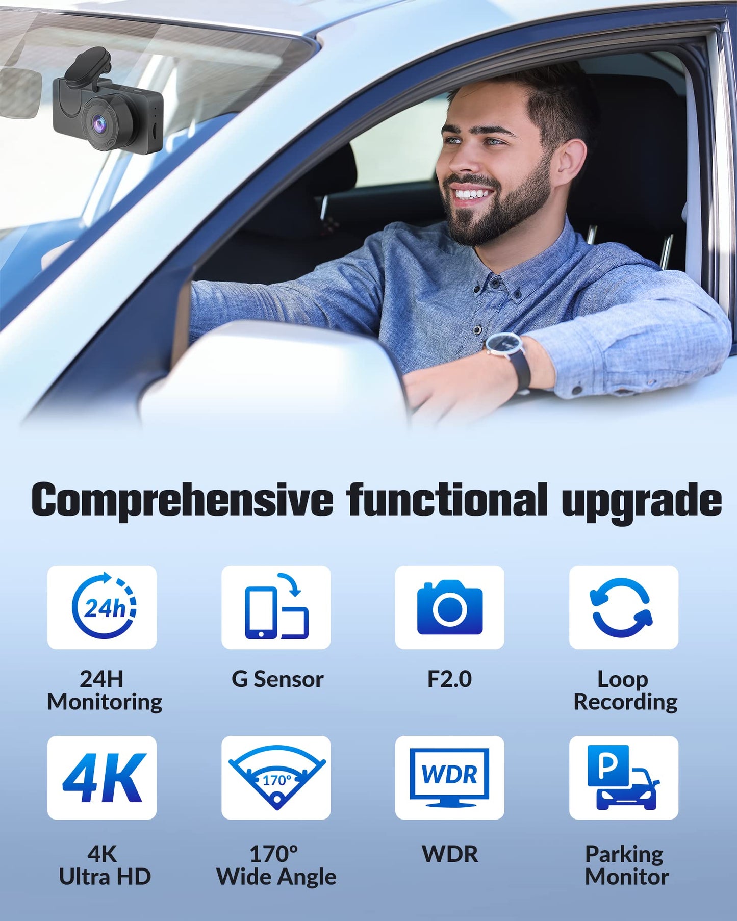 Dash Camera for Cars, 4K Dash Cam Front and Rear, Triple Car Camera with 32GB Card,Built-in IR Night Vision,2.0'' IPS Screen,170°Wide Angle,WDR,HDR,G-Sensor,24H Parking Mode, Loop Recording