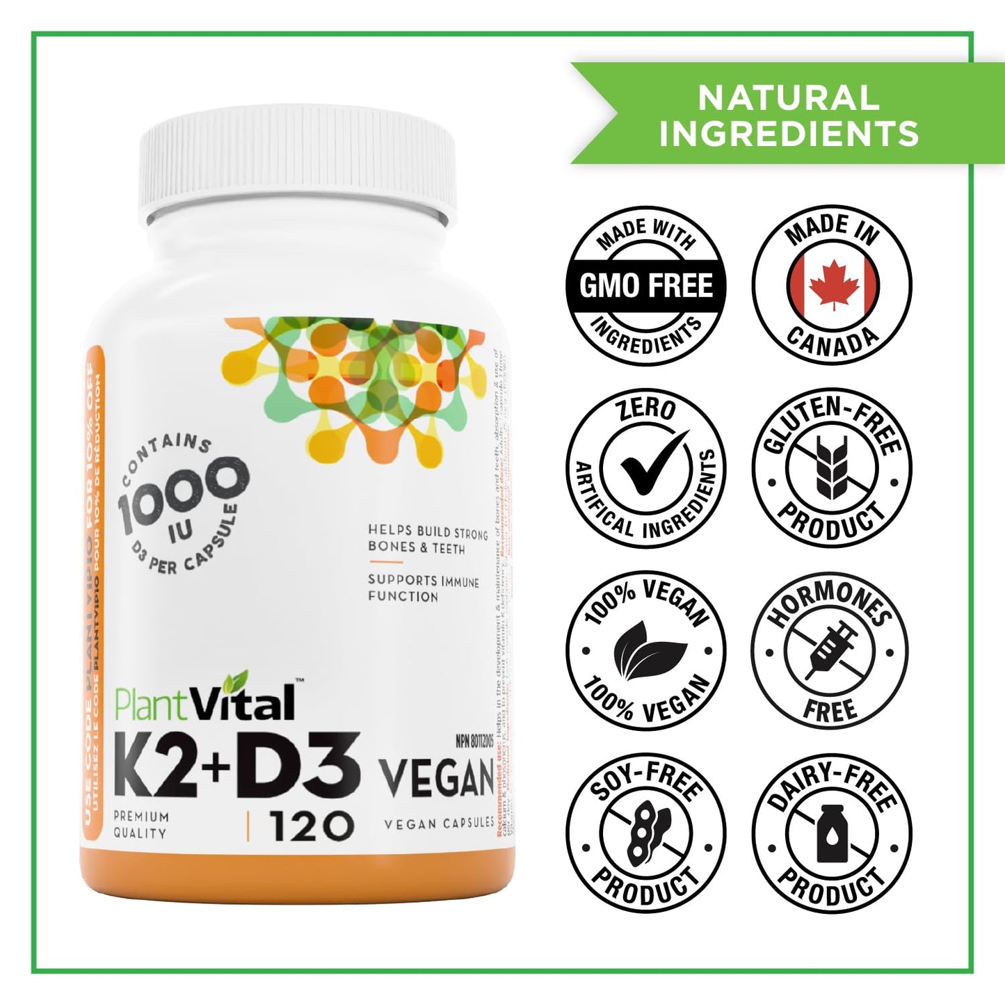 PlantVital High-Potency Vegan Vitamin D3 + K2 -Made in Canada - (1000IU /25 mcg + 120 mcg) for Bones, Teeth and Immune System - Patented MK7 Form - K2 D3 vitamin - 4 Months Supply - 120 Capsules. - Available at All In One Marketplace Canada