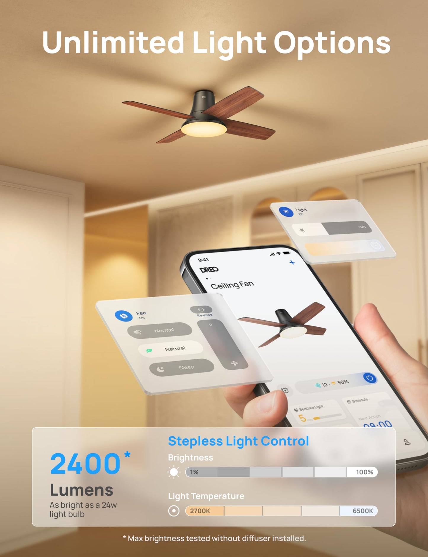 Dreo Ceiling Fans with Lights, 12 Speeds & 3 Fan Modes, Quiet DC Motor, Low Profile Easy to Install, Flush Mount Smart Ceiling Fan with Dimmable LED, 12H Timer for Bedroom, Remote, Black, 44'' DREO
