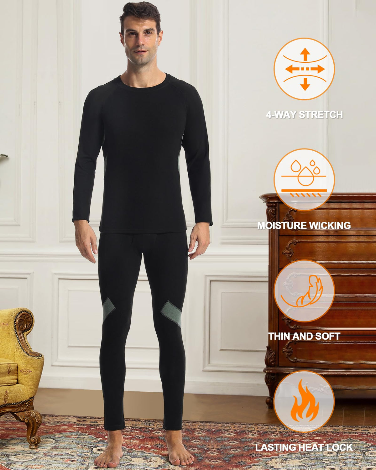 Runhit Thermal Long John Set for Men: Winter Base Layer Mens Thermal Underwear Long Sleeve Shirts Pants Extreme Cold Black-Green XLarge 🍁 All In One Marketplace Canada