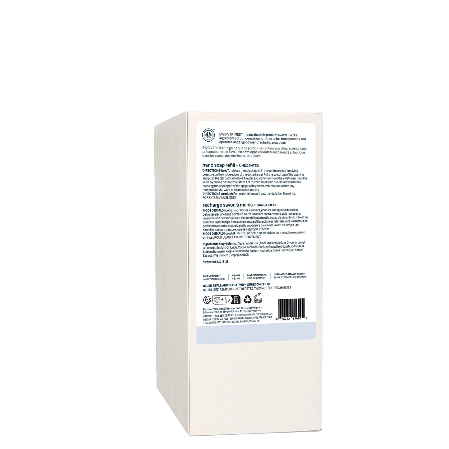 ATTITUDE Gentle Hand Soap for Sensitive Skin, Made in Canada, EWG Verified, Enriched with Oats, Dermatologically Tested, Vegan, Unscented, Bulk Refill, 2 Liters - Available at All In One Marketplace Canada