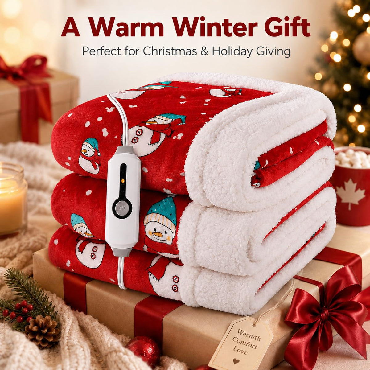 Electric Heated Blanket,Full 72x84in,Christmas Snowman,Coral&Sherpa,Gift 🍁 All In One Marketplace Canada