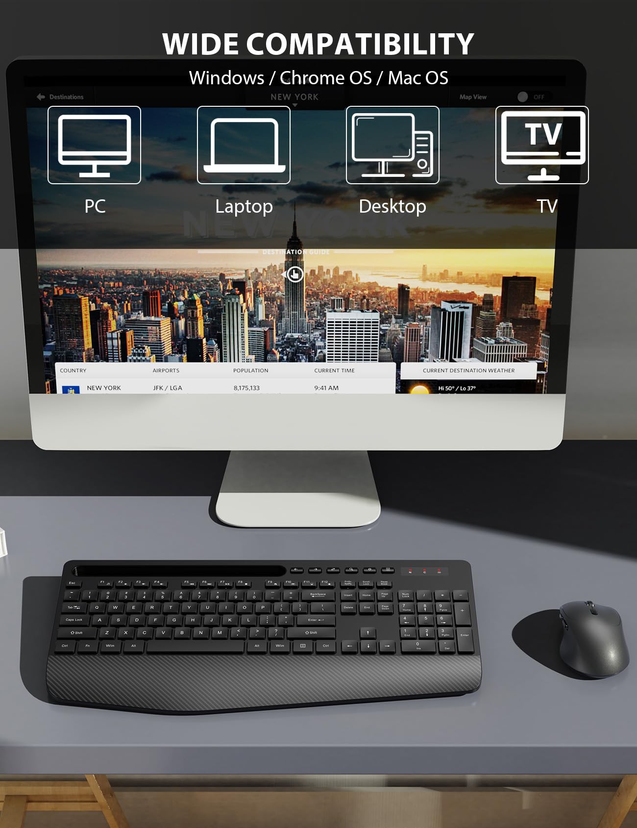 Wireless Keyboard and Mouse Combo - Full-Sized Ergonomic Keyboard with Wrist Rest, Phone Holder, Silent 2.4GHz Cordless Keyboard Mouse for Computer, Laptop, PC, Mac, Windows (Black, 1 Pack)