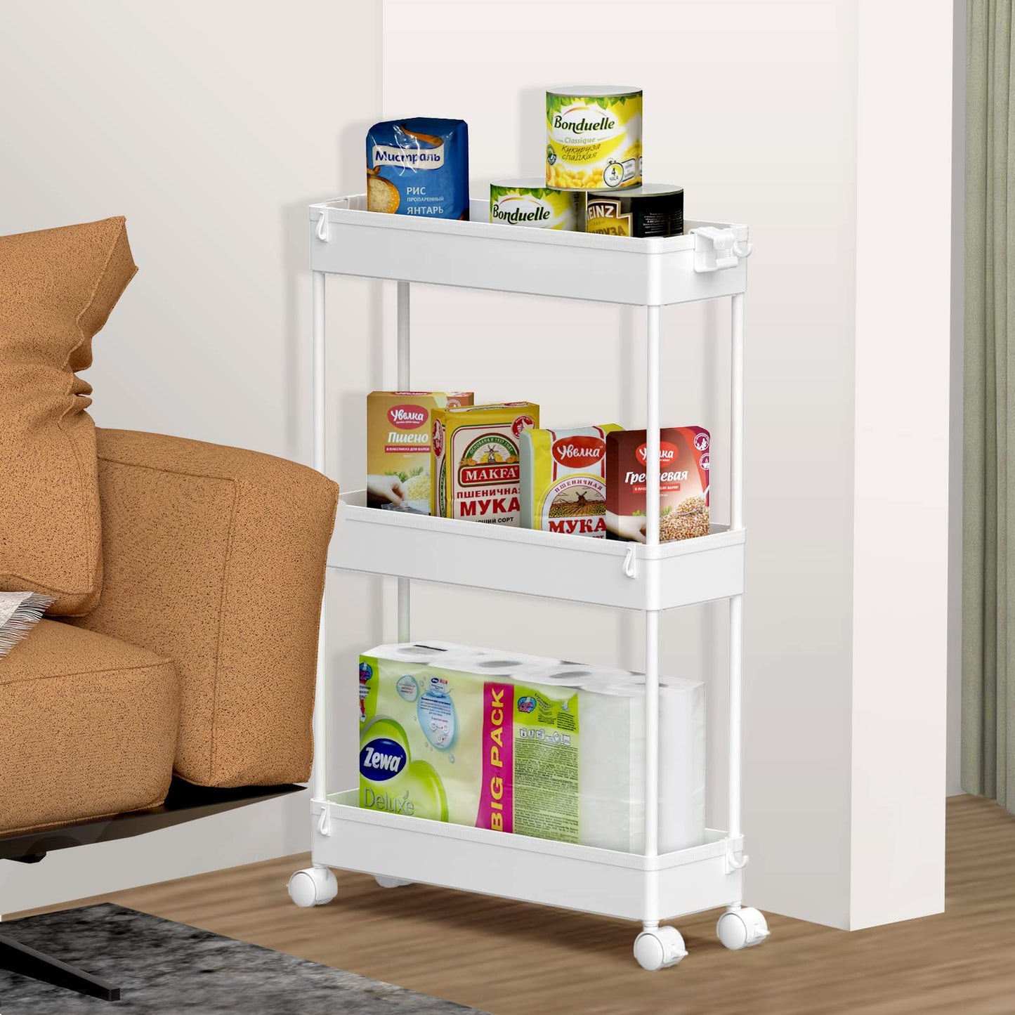 SPACELEAD Slim Storage Cart,3 Tier Bathroom Rolling Utility Cart Storage Organizer Slide Out Cart, Mobile Shelving Unit Organizer Trolley for Office Bathroom Kitchen Laundry Room Narrow Places, White - Available at All In One Marketplace Canada