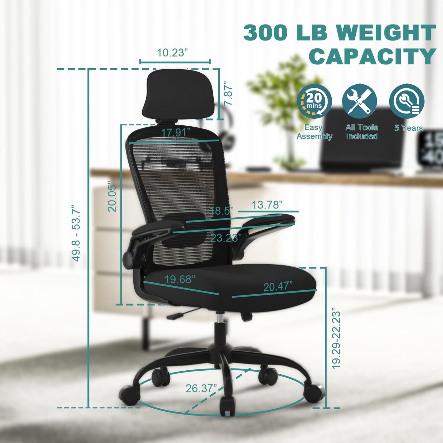 Mimoglad Office Chair, Comfy Desk Chair - High Back Ergonomic Computer Chair with Adjustable Lumbar Support & Headrest, Flip-up Armrests for Guitar Playing (Black(Black Frame))