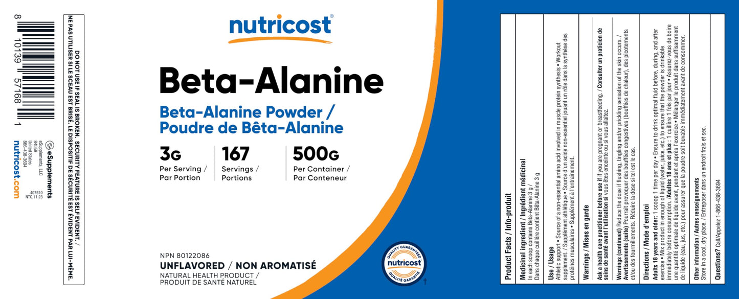 Nutricost Beta Alanine Powder (500 Grams) Unflavored - Pre-Workout Supplement, Non-GMO, Gluten-Free - Available at All In One Marketplace Canada