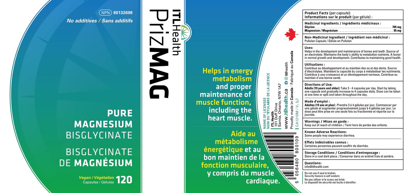 PrizMAG Pure Magnesium Bisglycinate, Magnesium Glycinate, 380mg of Mag Per Serving | Supports Muscle & Bone Health - Gentle on Digestion & High Absorption | Made in Canada - 120 Capsules - Available at All In One Marketplace Canada