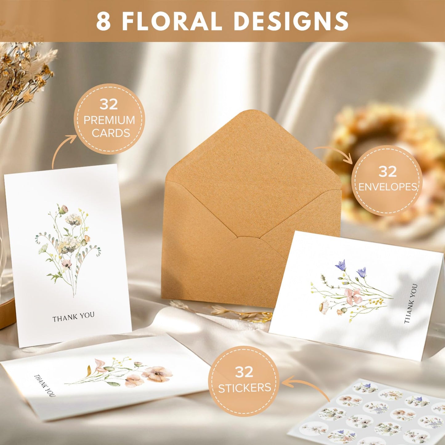 Thank You Cards with Envelopes - 32 Pack Wildflower Blank Cards With Adhesive Envelopes & Matching Stickers Perfect for Wedding, Bridal Showers, Baby Showers,Birthday, All Occasion