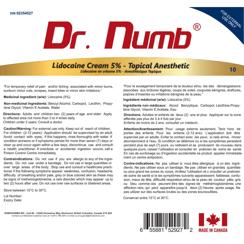Dr. Numb Tattoo Numbing Cream 5% Lidocaine Topical Anesthetic Fast-Acting Pain Relief Cream for Tattoos, Piercing, Microblading, Microneedling, Waxing - Hemorrhoid Relief - 10 g - Available at All In One Marketplace Canada