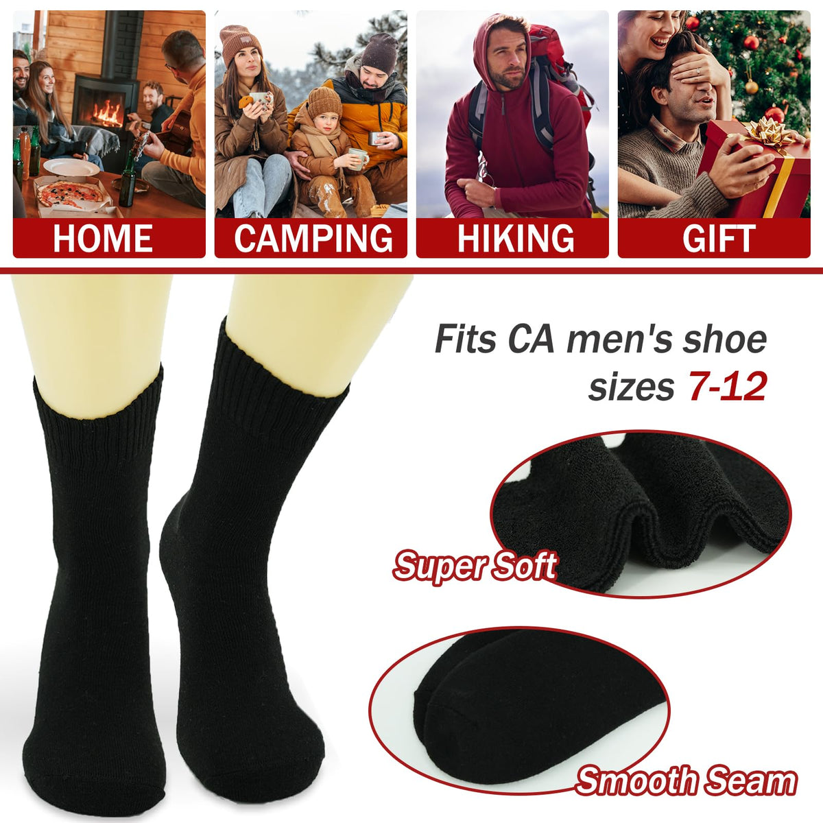 VoJoPi 5 Pairs Thermal Mens Socks Warm Wool Winter Thick Crew Socks for Men 🍁 All In One Marketplace Canada