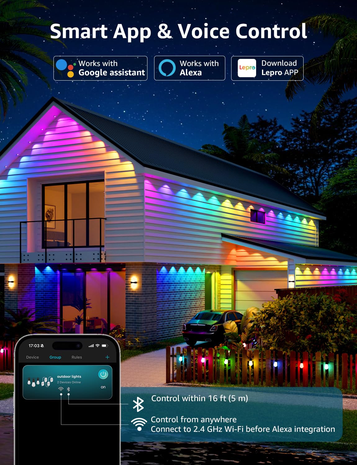 Lepro EE1 AI Permanent Outdoor Lights APP Control, 300ft 180 RGB+IC LED & Dual Output, Works with Alexa & Google, Waterproof Eave Light for Christmas, Halloween, House Decor, 2.4GHz WiFi/Bluetooth 🍁 All In One Marketplace Canada