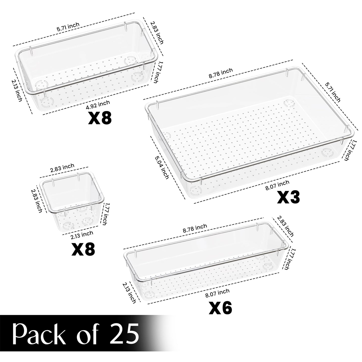 KICHLY 25 Pack Clear Plastic Desk Supplies Organizer, 4 Sizes Desk Drawer Organizer for Office Supplies, Vanity Organizers, Makeup, Gadgets, & Jewelry Storage Bins