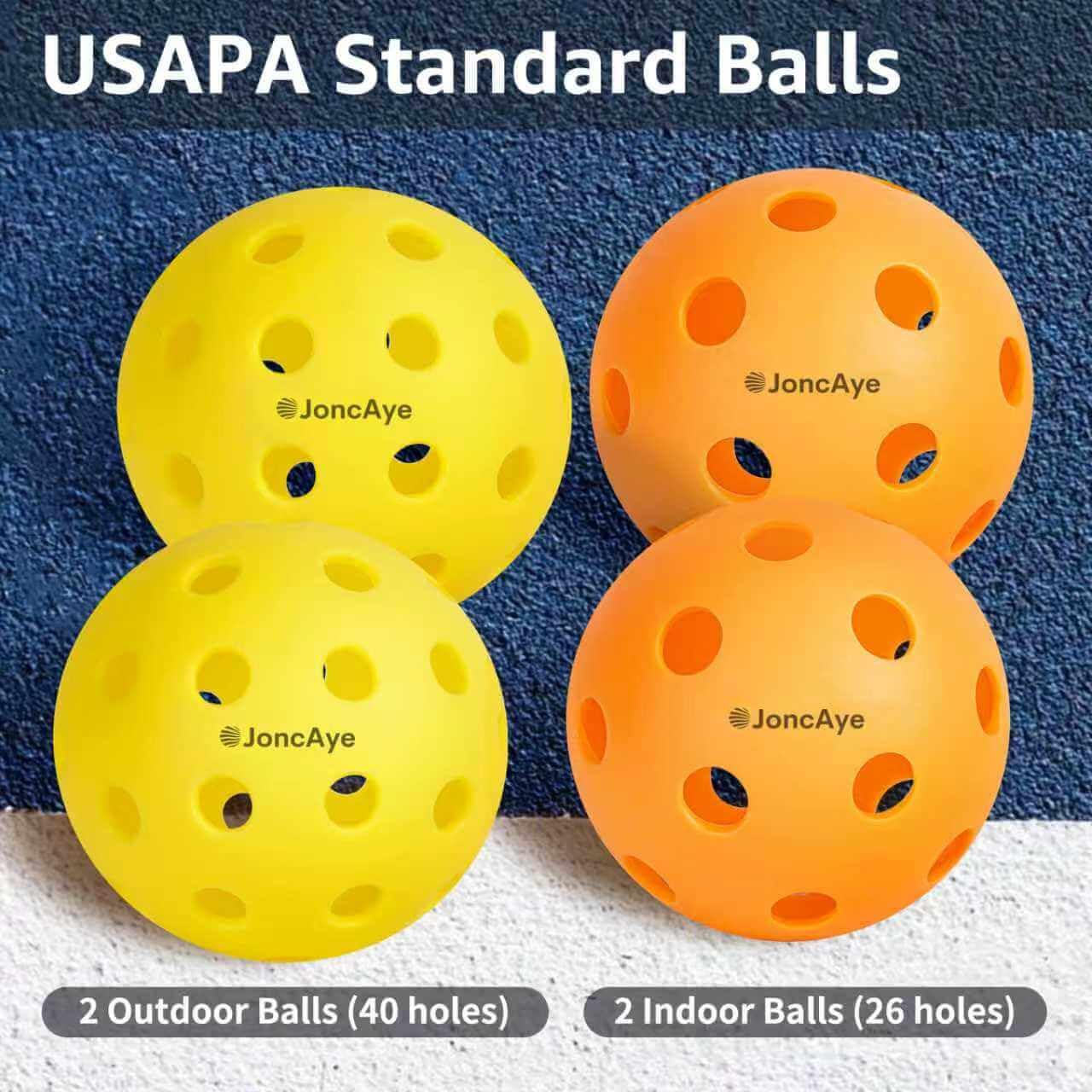 JoncAye Pickle-Ball Paddles Set of 2, Graphite Fiberglass Raquette with Indoor Outdoor Balls, Bag, Grip Tape, USAPA Approved Rackets for Beginners Intermediate All Levels