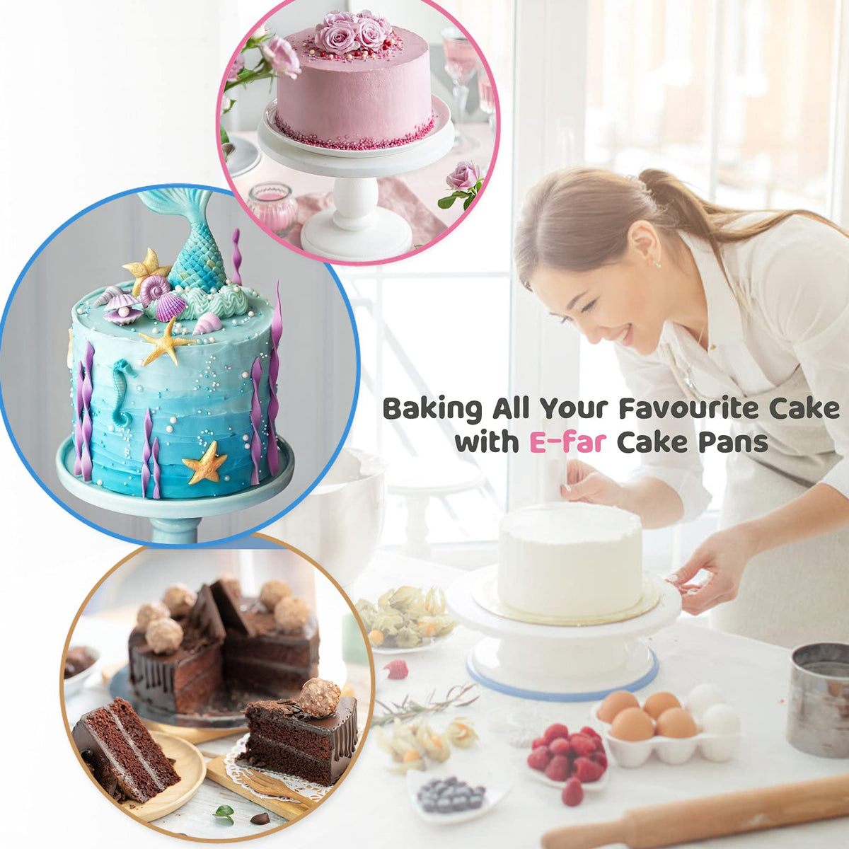 8 Inch Cake Pan Set of 3, E-far Stainless Steel Round Layer Cake Baking Pans, Non-Toxic & Healthy, Mirror Finish & Dishwasher Safe 🍁 All In One Marketplace Canada