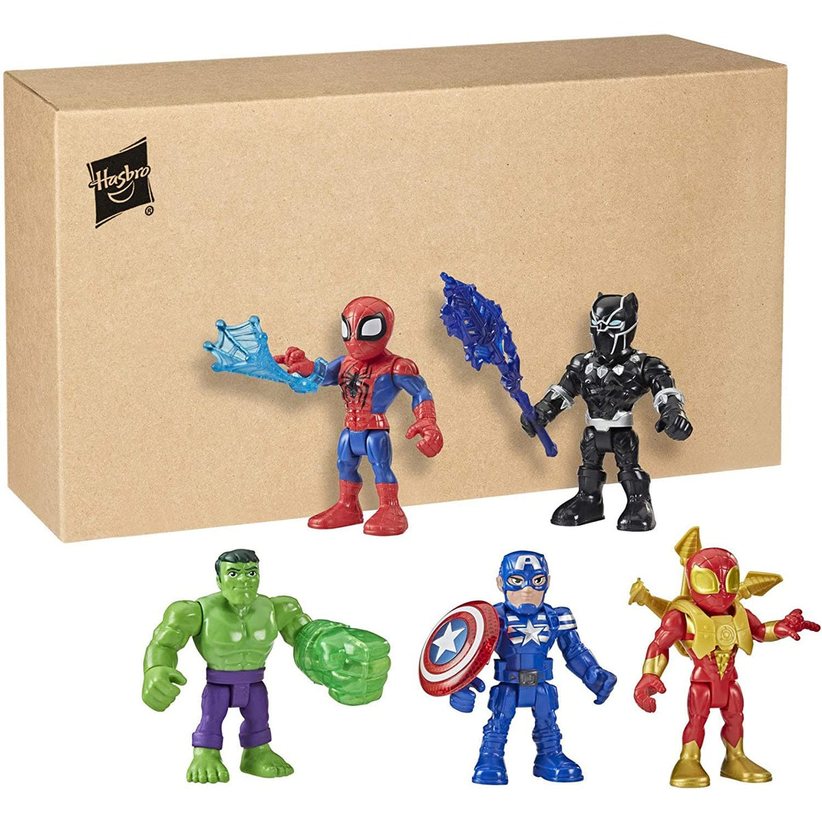 Playskool Heroes Marvel Super Hero Adventures 5-Inch Action Figure 5-Pack, Includes Captain America, Spider-Man, 5 Accessories, Ages 3 and Up, Black
