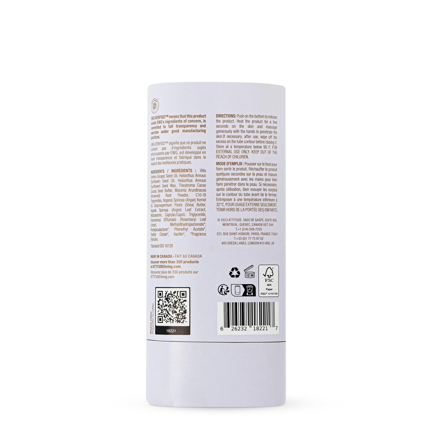 ATTITUDE Plastic-Free Body Butter Bar for Pregnant Dry and Stretched Skin, Made in Canada, EWG Verified, Vegan Maternity Products, Rose and Argan Oil, 85 grams BIO SPECTRA ATTITUDE