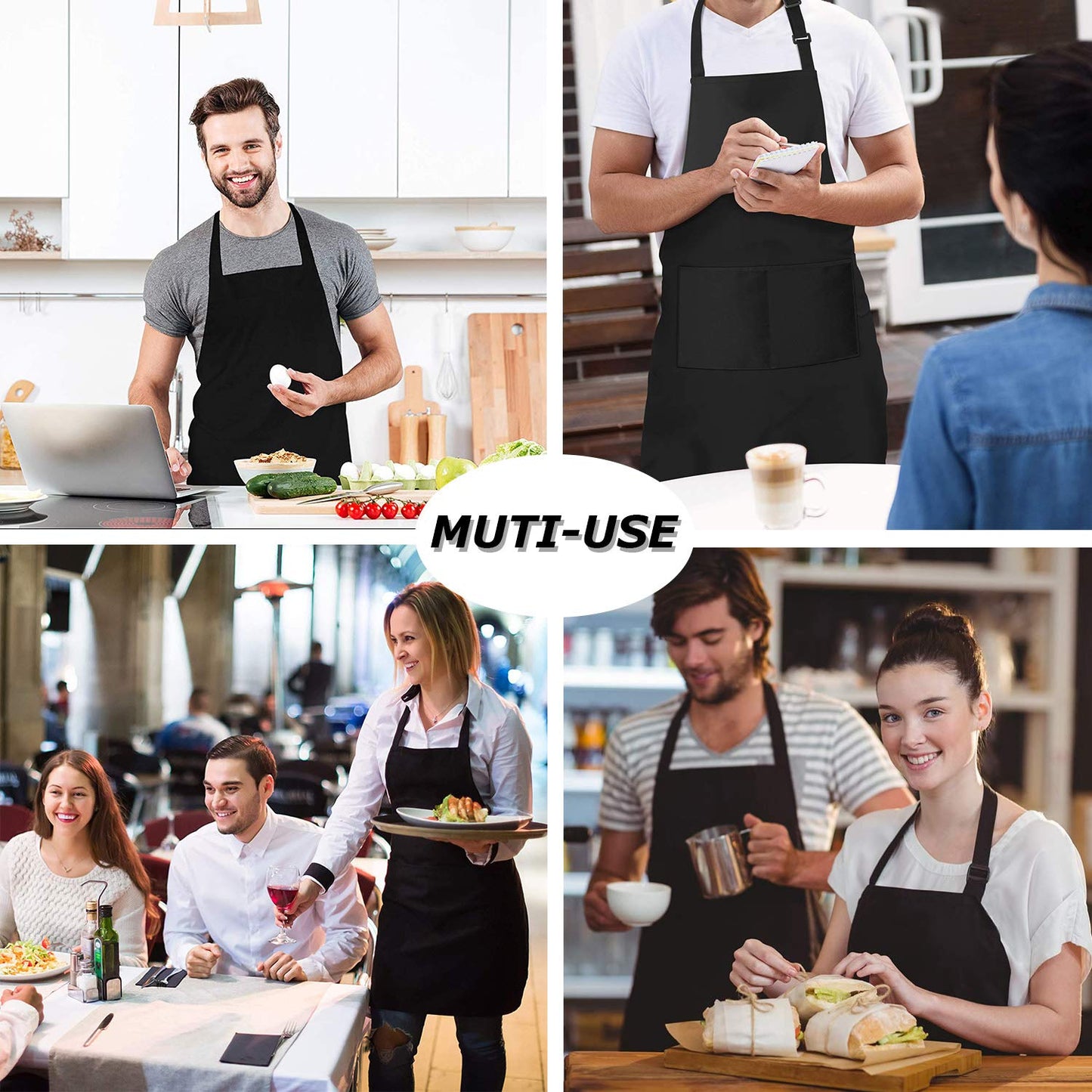 4 Packs Chef Apron, Black Waterproof Apron, Adjustable Apron with 2 Pockets for Men Women, Professional Apron for Kitchen Cooking Gardening Painting Baking Restaurant (Black) - Available at All In One Marketplace Canada