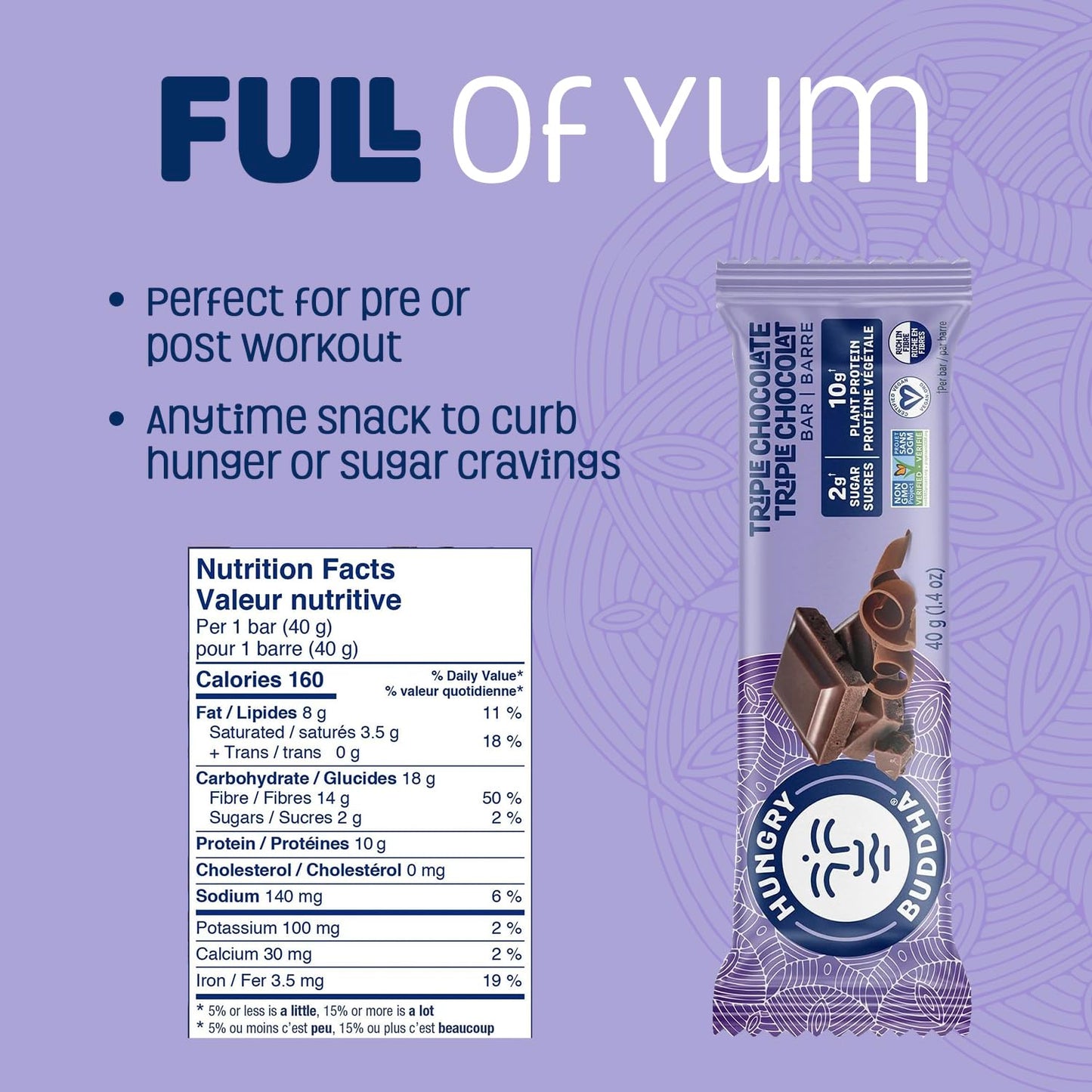 Hungry Buddha Plant-Based Protein Bars - Triple Chocolate, Low Sugar, High Protein (Pack of 12)