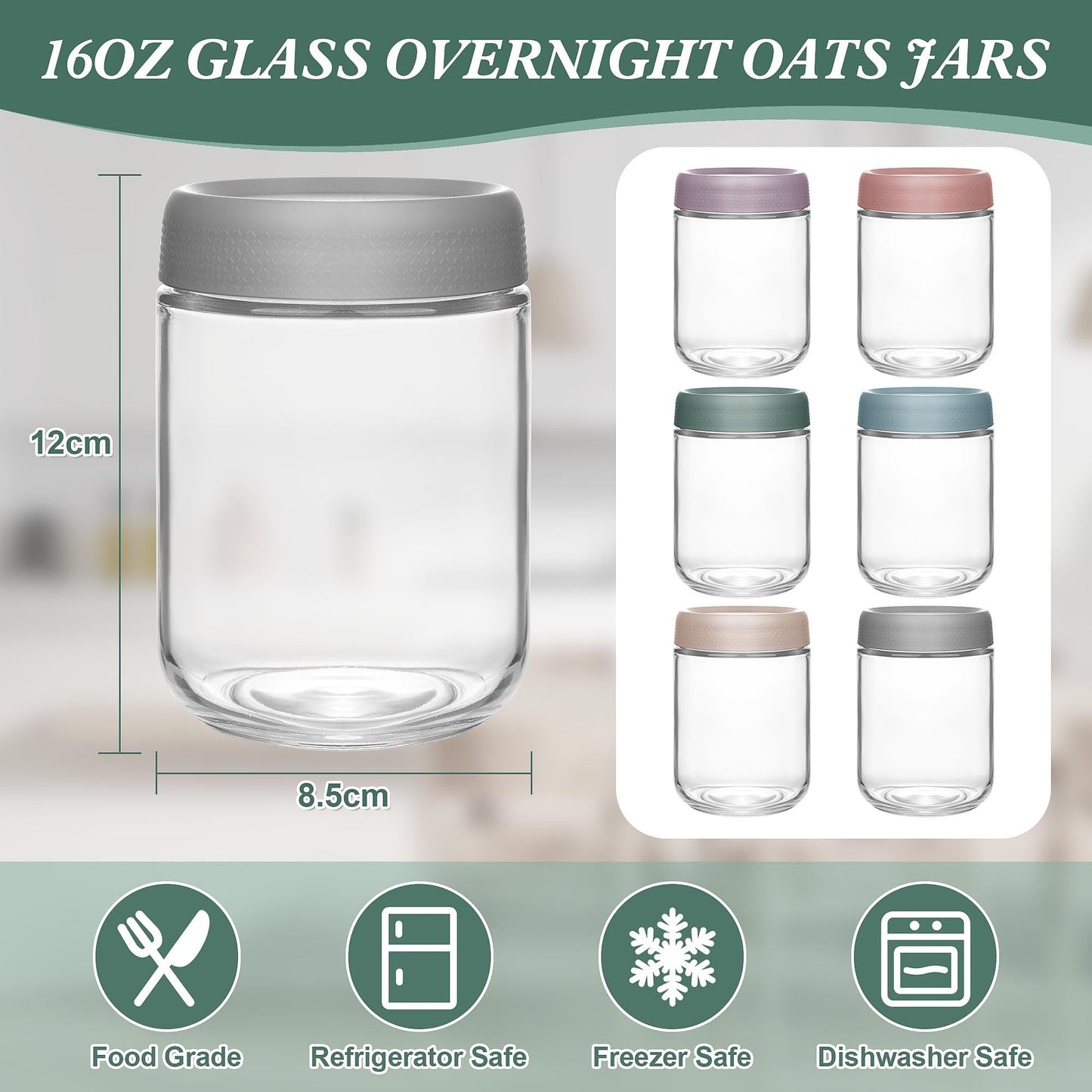 Xileanalee Overnight Oats Containers with Lids 6 Pack-16 Oz Mason Jar with Lids-Overnight Oats Jars Glass Food Storage Containers for Chia Seed Pudding Salad Cereal Coffee Spices - Available at All In One Marketplace Canada