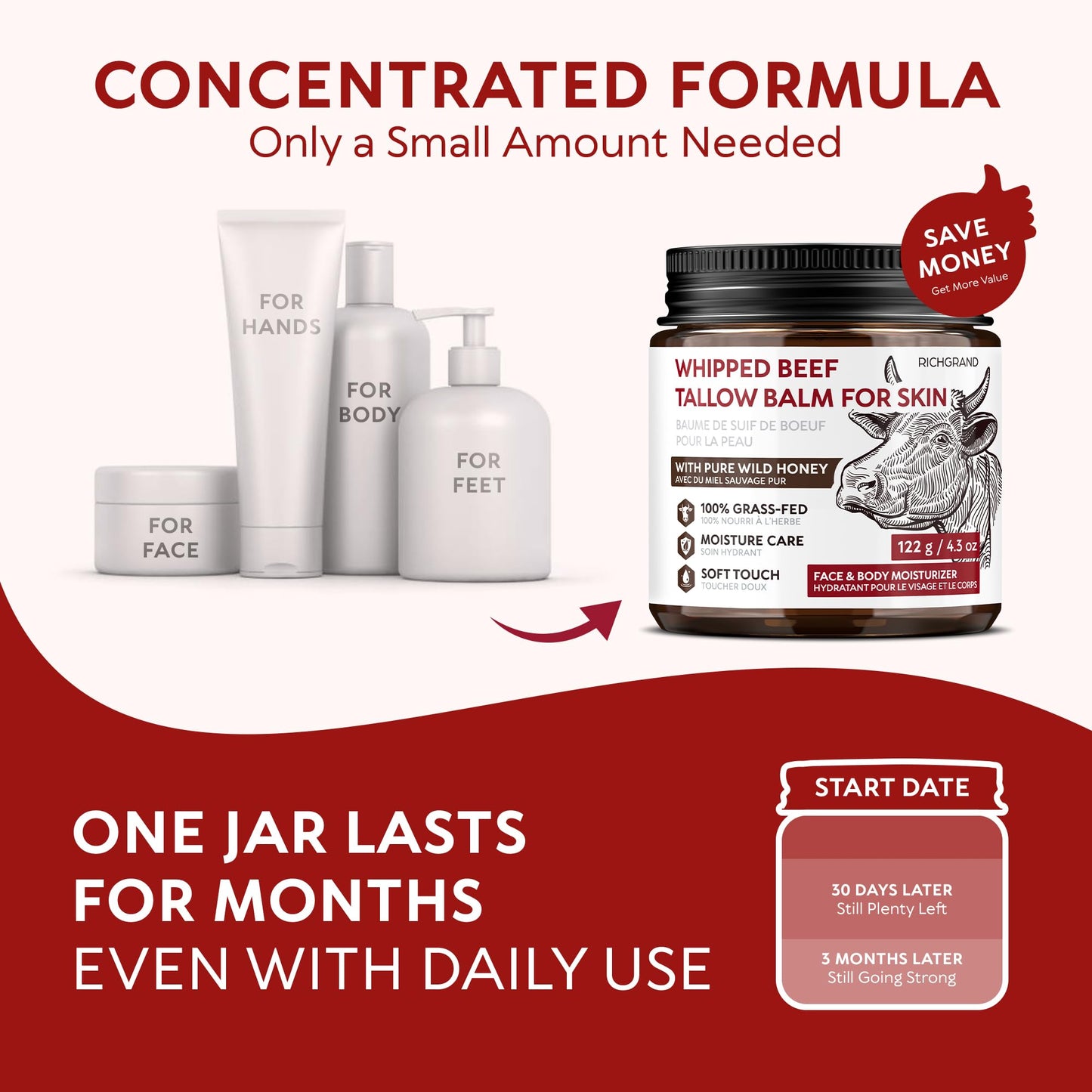 Beef Tallow Face Cream, Whipped Tallow and Honey Balm for Face and Body, Grass Fed Natural Skincare Moisturizer for Dry and Sensitive Skin, Hydrating Body Butter - Available at All In One Marketplace Canada