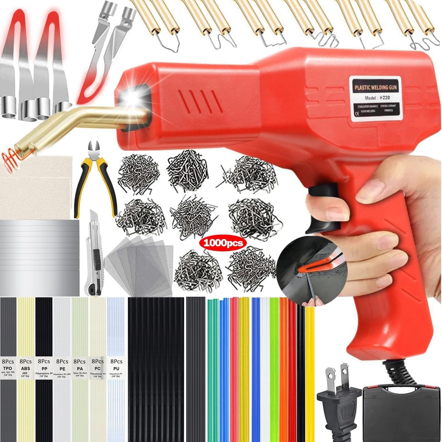 Upgraded 220W Plastic Welder, 2 in 1 Plastic Welding Repair Welder Kit 1000PCS Hot Stapler Soldering Gun with 100PCS Plastics Welding Rods Car Bumper Repair Kit for Most Plastics Repair - Available at All In One Marketplace Canada