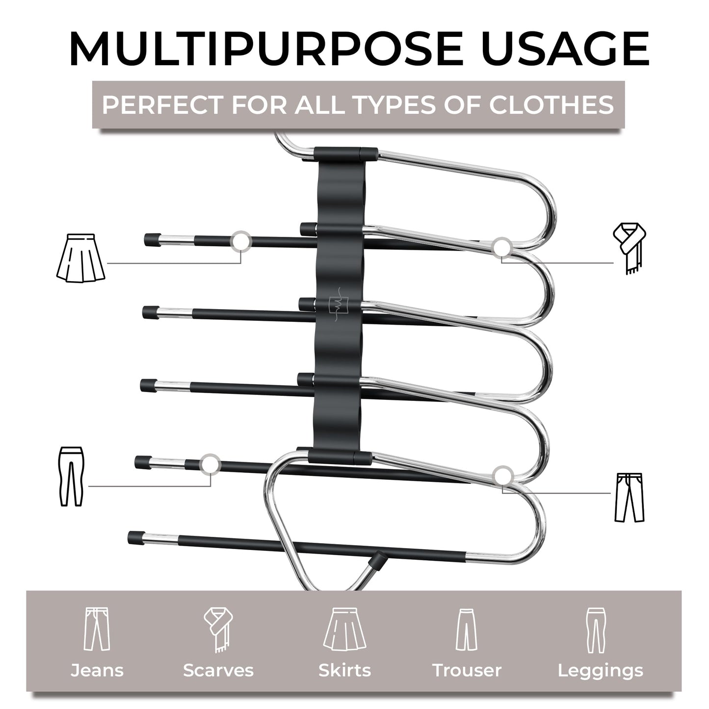 MORALVE Pants Hangers Space Saving - 2 Pack - Non-Slip Multi-Layer Space Saving Hangers - Multifunctional Clothing Rack for Closet Storage - Ideal for Jeans, Trousers, Skirts, Scarves & Slacks (Black) - Available at All In One Marketplace Canada