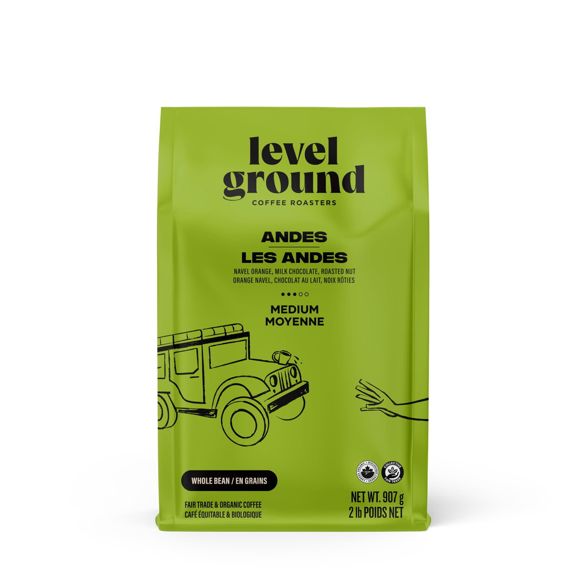 Level Ground Coffee - Andes Craft Blend - Medium Roast, Whole Bean - Fair Trade, Organic, 1% for the Planet, Kosher - Great in a Drip Brew, French Press, Pour Over - Tastes Rich and Smooth - 2lb